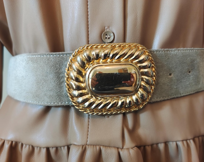 80's Vintage Grey Real Leather Belt With Golden Metal Buckle