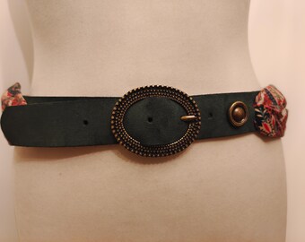 Regular Green Real Leather And Flowers Fabric Belt by BSB Made in Greece