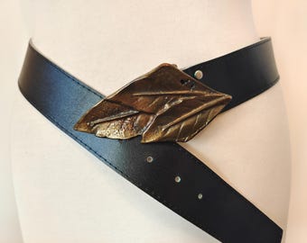 80's Vintage Black Real Leather Belt With Metal Leaf Buckle