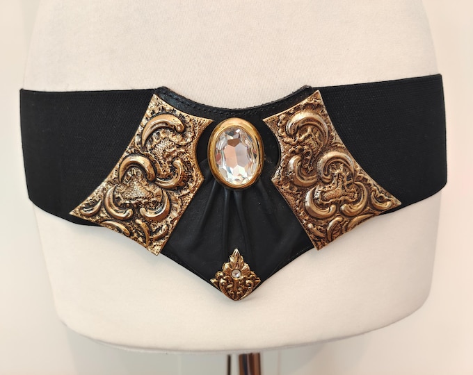 80's Vintage Hand Made Wide Black Elastic Belt With Golden Metal Buckle by M.D. Leder Design