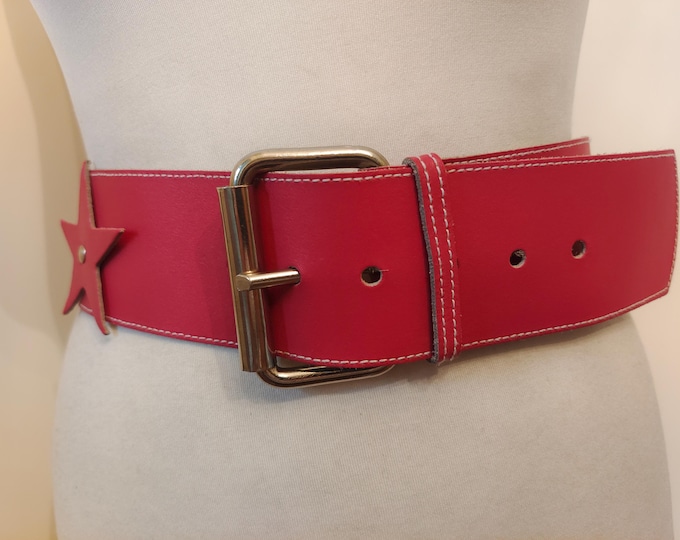 80's Vintage Wide Pink Real Leather Belt With Leather Stars