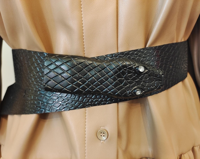 80's Vintage Black PVC Belt With Plastic Snake Buckle