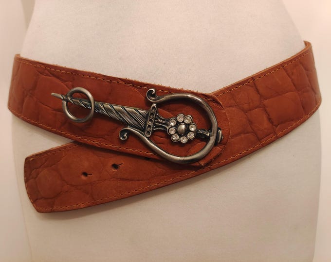 90's Vintage Brown Real Leather Belt With Metal Buckle