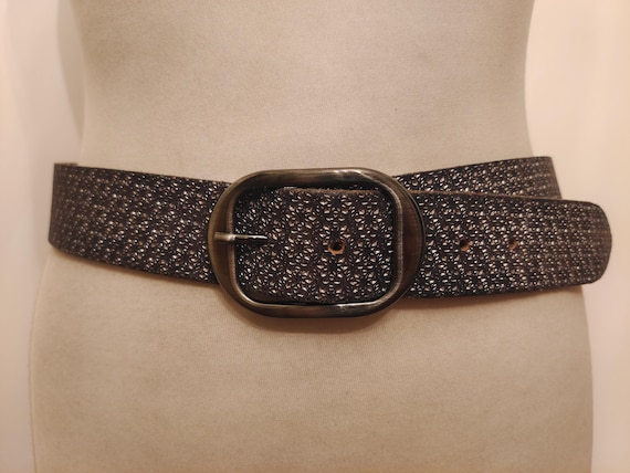 Ceinture Fine Vintage Années 80 En Cuir Marron & Bleu Brillant - Boucle Argentée Réglable - Comme Neuf
