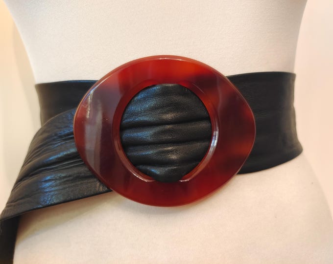 90's Vintage Wide Black Real Leather Adjustable Belt With Big Plastic Buckle