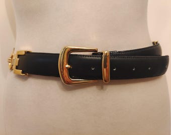 80's Vintage Black Real Leather Belt With Golden Metal Elements