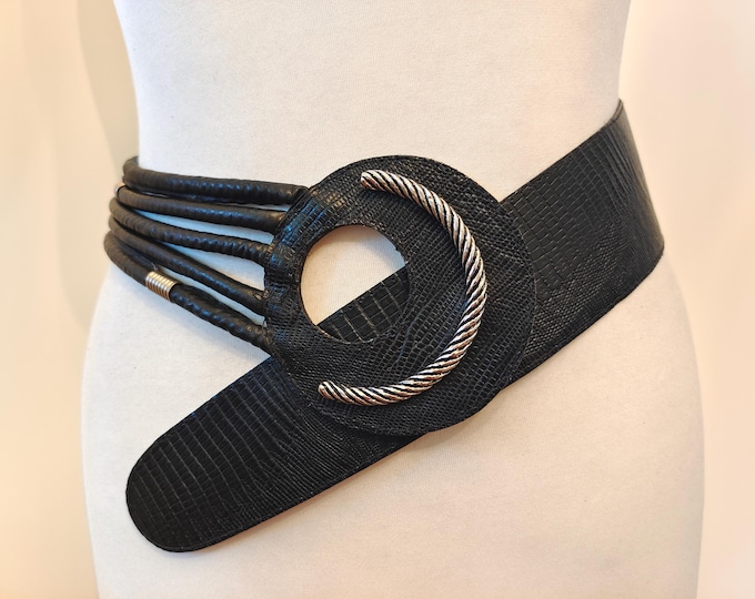 80's Vintage Wide Black Real Leather Belt