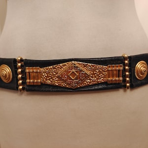 80&#39;s Vintage Black Real Leather Belt With Golden Metal Elements