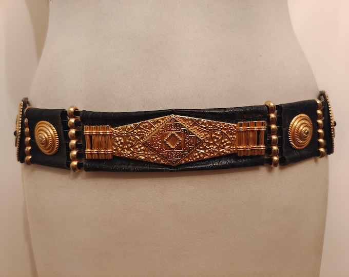 80's Vintage Black Real Leather Belt With Golden Metal Elements
