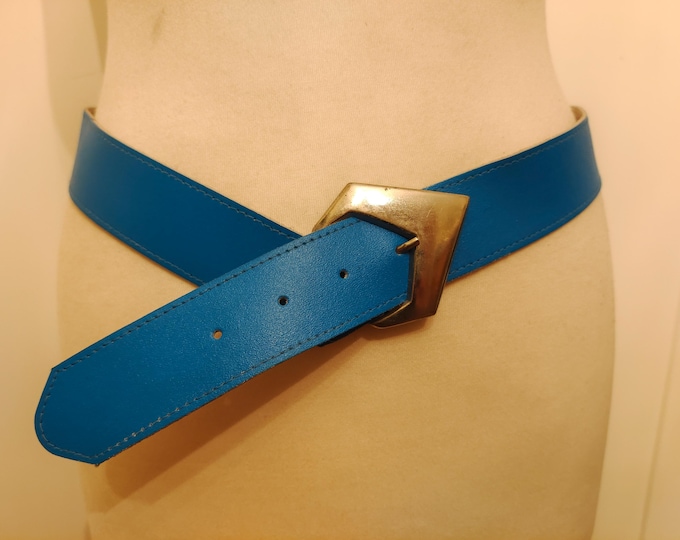 80's Vintage Blue Real Leather Belt With Silver Metal Buckle