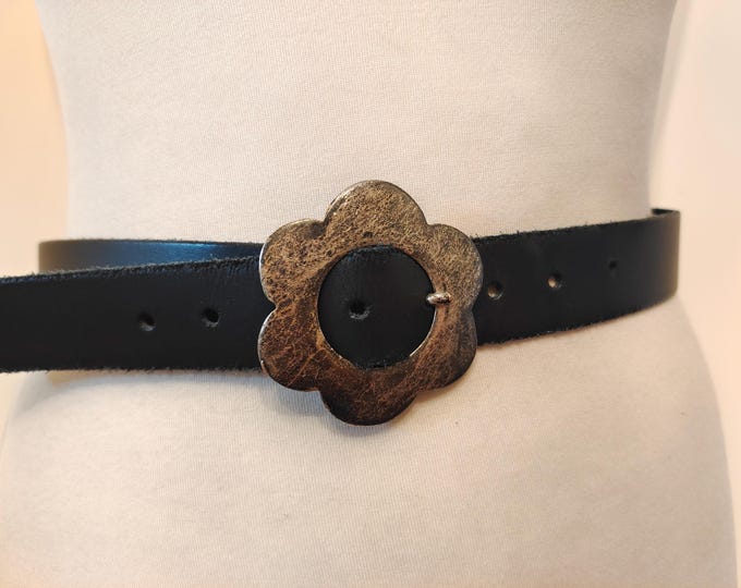 90's Vintage Black Real Leather Belt With Silver Metal Bucke