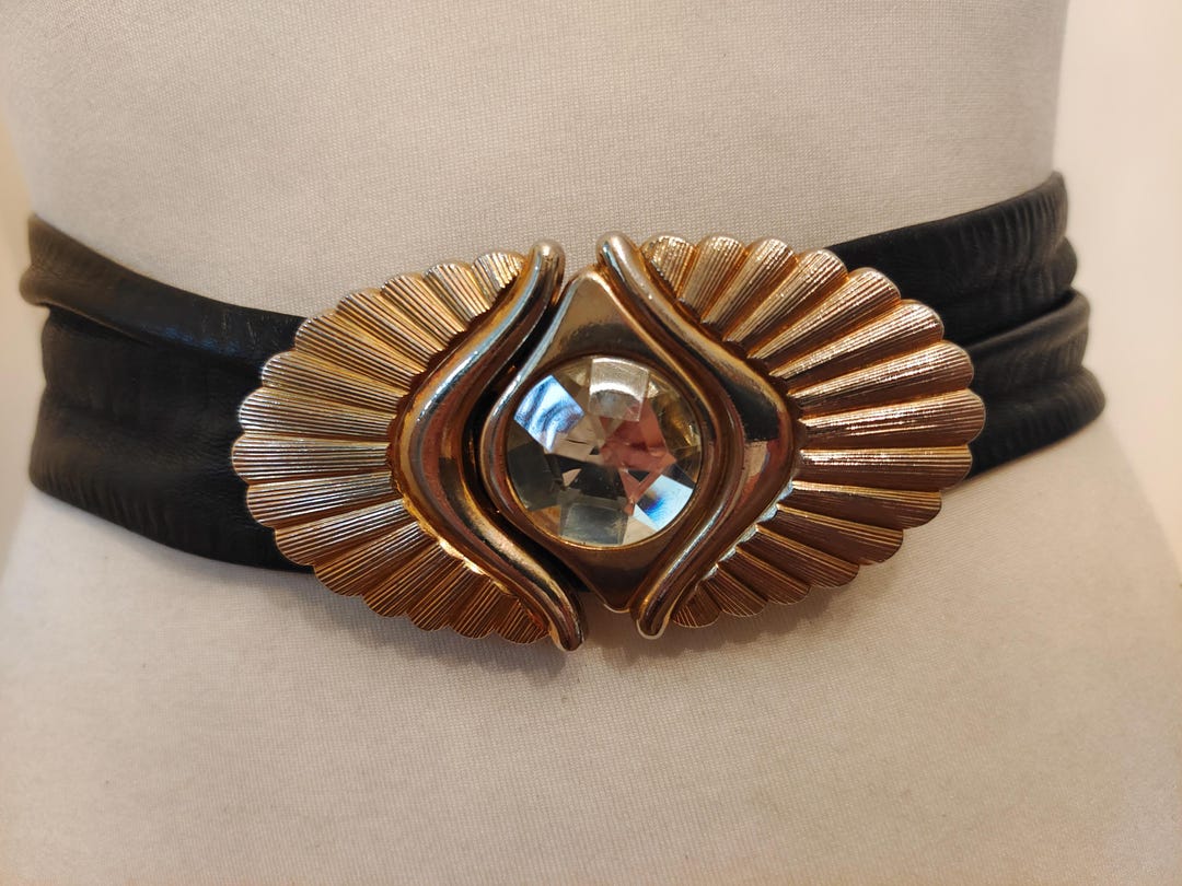 90s Vintage Black Leather Belt: Golden Gems Buckle, St  display picture 1