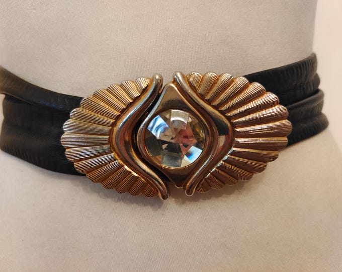 90's Vintage Black Real Leather Adjustable Belt With Golden Gems Buckle by St. Michael Made in England