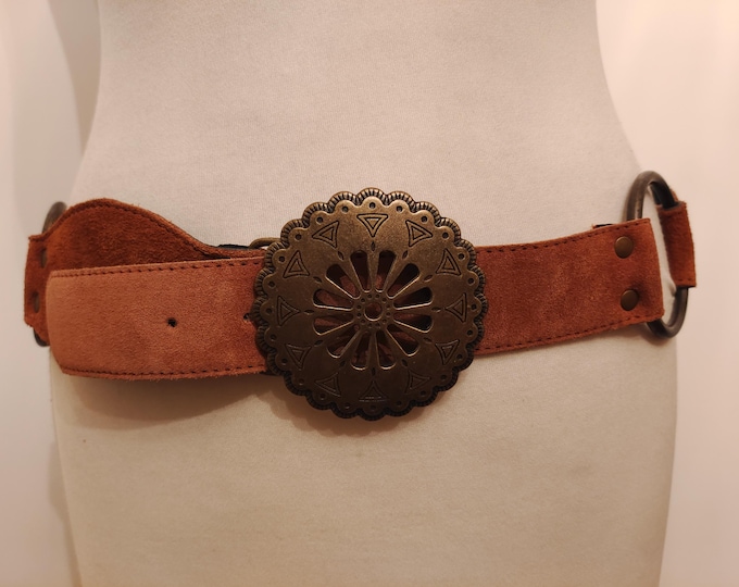 Wide Brown Heavy Real Leather & Metal Vintage 80's Belt Made in Spain