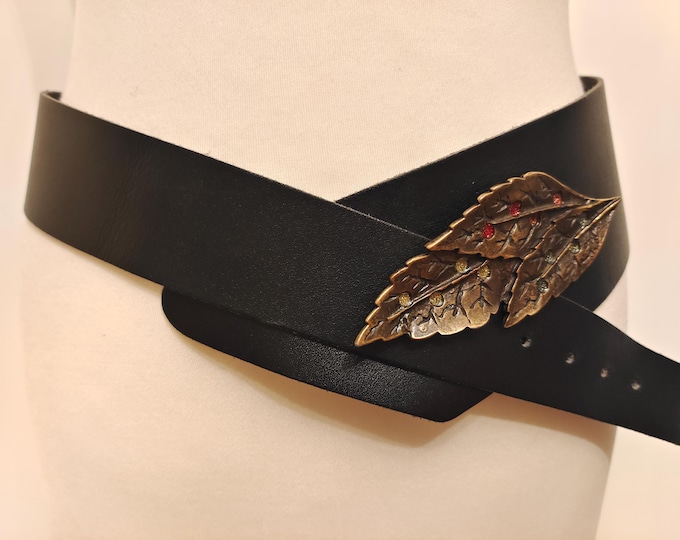 90's Vintage Wide Black Real Leather Belt With Metal Leaf Buckle