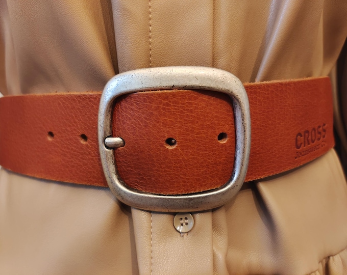 Thick Brown Leather Belt with Silver Buckle, Cross Jeanswear