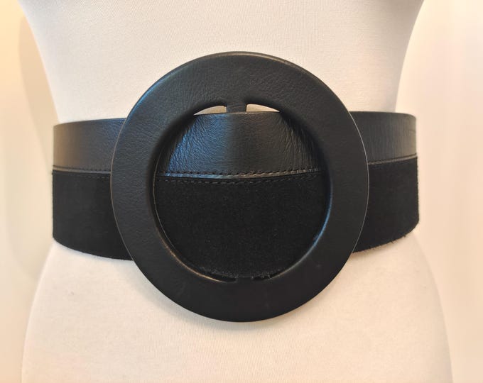 Wide Black Real Leather Adjustable Belt With Huge Round Buckle by ZARA Made in Spain
