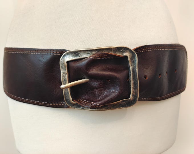 Wide Brown Real Leather Belt With Old Metal Buckle