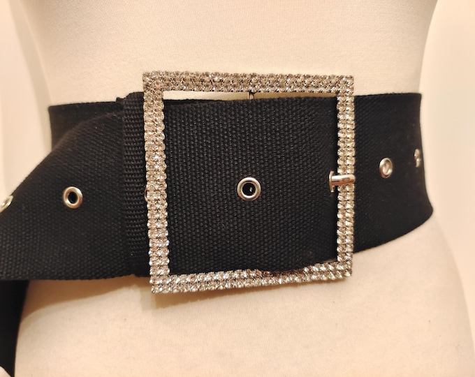 Wide Black Material Belt With Gems Buckle by Weekday