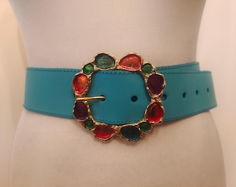 90's Vintage Light Blue Faux Leather Belt With Golden Gems Buckle
