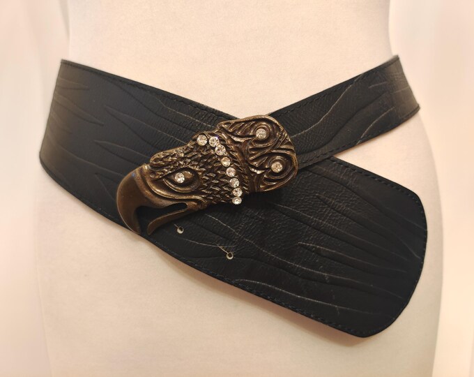 80's Vintage Wide Black Real Leather Belt With Metal Gems Eagle Buckle