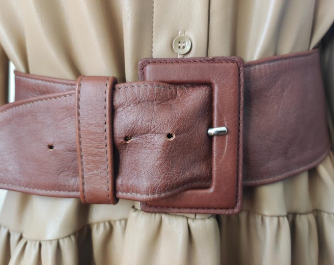 90's Vintage Wide Brown Real Leather Belt by Accento Made in Italy