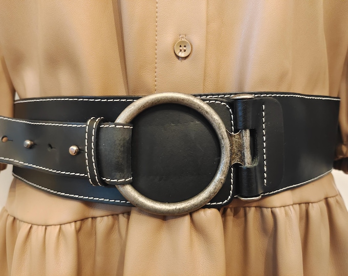 Wide Black Real Leather Belt With Ring Buckle by Caterina