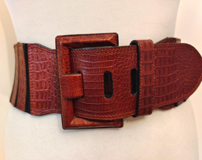 80's Vintage Wide Cognac Real Leather Elastic Belt by Paradiek Cologne