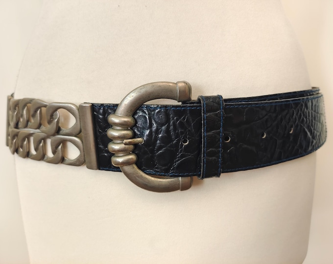 80's Vintage Dark Blue Real Leather Belt With Metal Elements