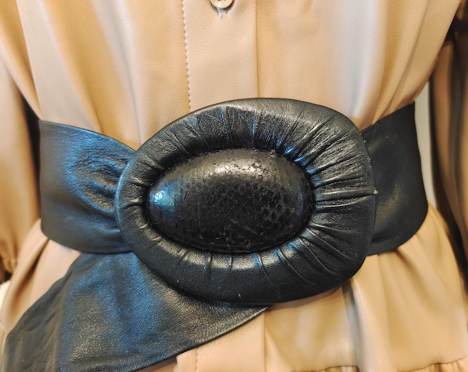 90's Vintage Wide Black Real Leather Adjustable Belt by Fabiani