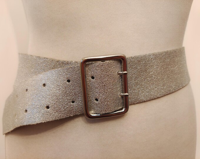 Silver Real Leather Double Prong Belt by ZARA Made in Romania