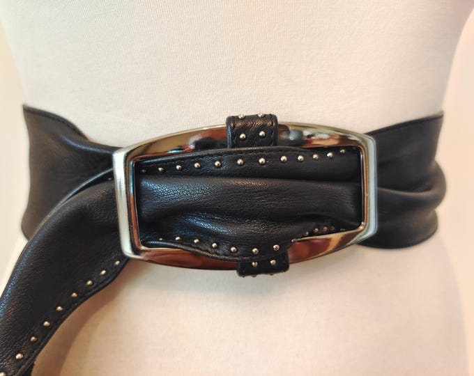 Wide Black Adjustable Real Leather Belt With Silver Metal Buckle Made in Italy