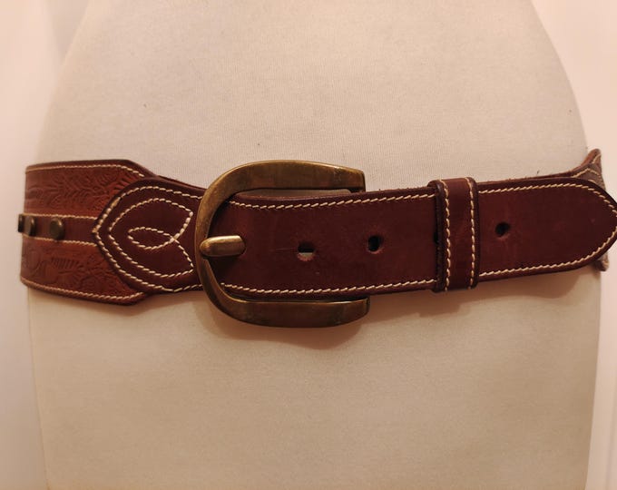 Wide Brown Embossed Real Leather Belt by Folisi Made in Italy