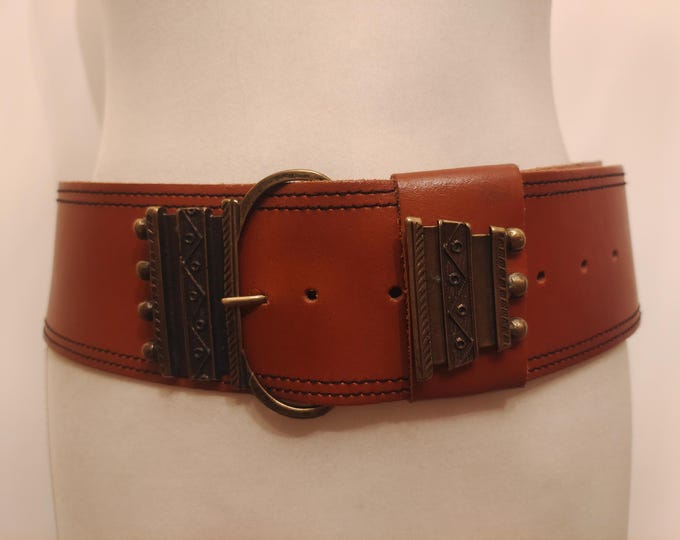 90's Vintage Wide Brown Real Leather Belt With Metal Heavy Buckle