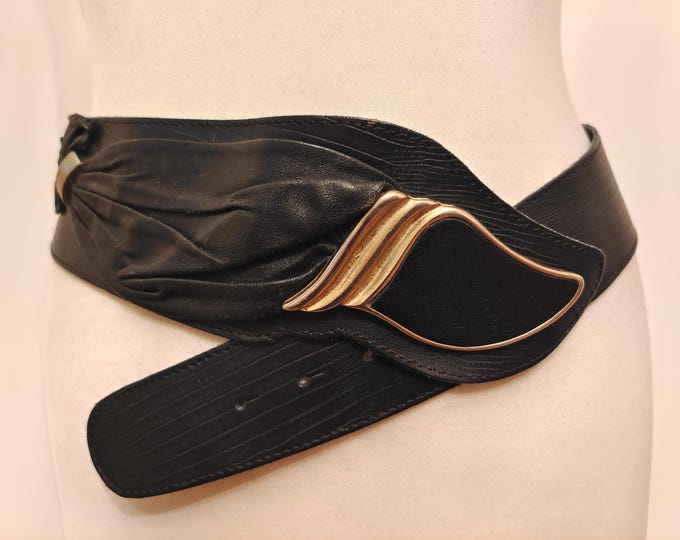 80's Vintage Wide Black Real Leather Belt