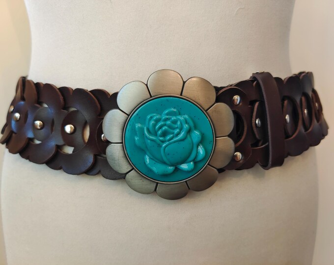 Wide Brown Faux Leather Adjustable Belt With Blue Rose Buckle
