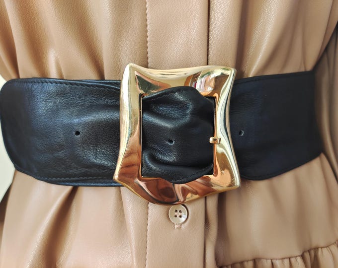 90's Vintage Wide Black Real Leather Belt With Golden Metal Buckle