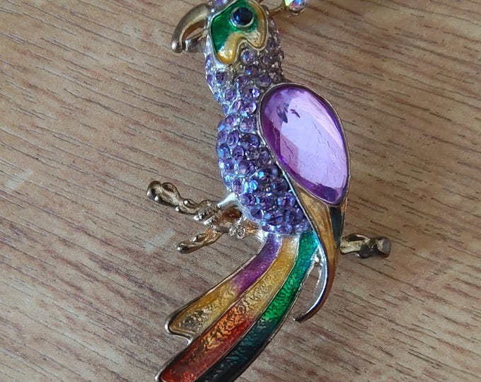 Metal Crystal Parrot Brooch: Colorful Enamel, Gemstone Accent, Bird Jewelry