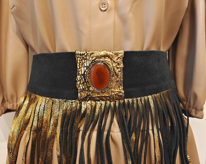 Wide Black & Golden Elastic Leather Belt