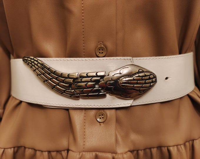 80's Vintage White Real Leather Belt With Metal Snake Buckle