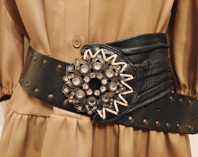 Wide Black Real Leather Belt With Silver Metal Gems Buckle by Riverisland