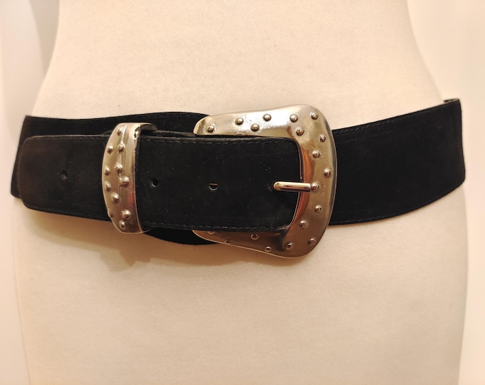 80's Wide Vintage Real Leather Black Belt With Silver Buckle Made in Italy