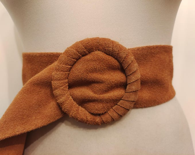 Wide Brown Real Leather Adjustable Belt With Round Buckle
