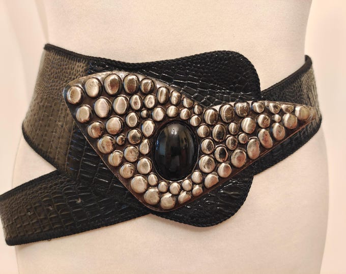 80's Vintage Wide Black Faux Leather Belt With Silver Metal Buckle