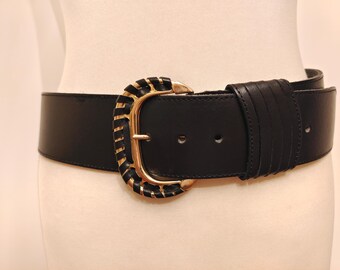 Wide Black Real Leather Vintage 80's Belt