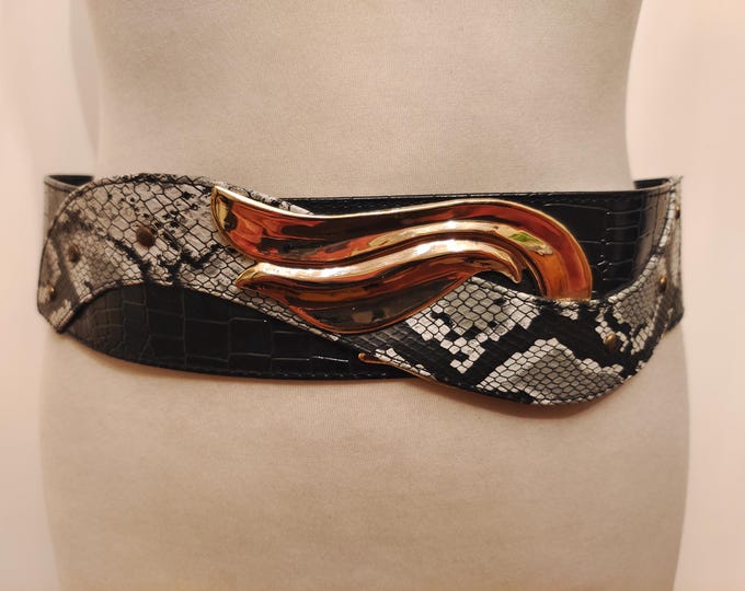 80's Vintage Wide Black Real Leather Belt With Golden Metal Buckle