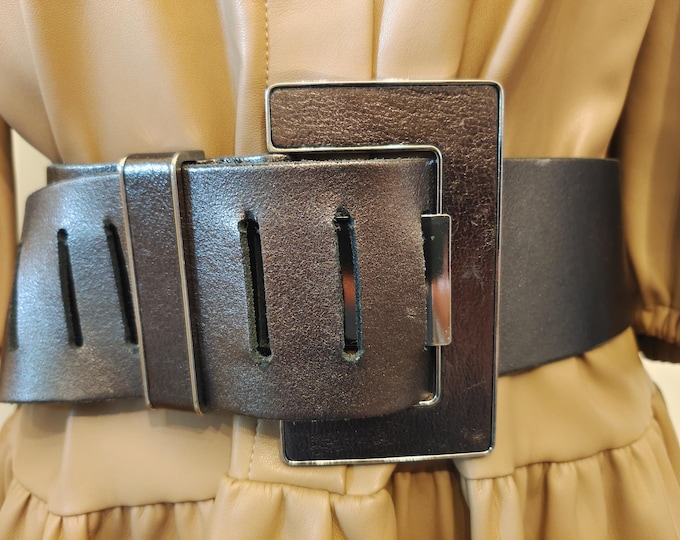 Wide Silver Real Leather Belt With Big Buckle by Next Made in England