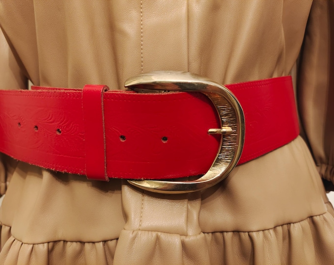 90's Vintage Wide Red Real Leather Belt With Big Golden Metal Buckle