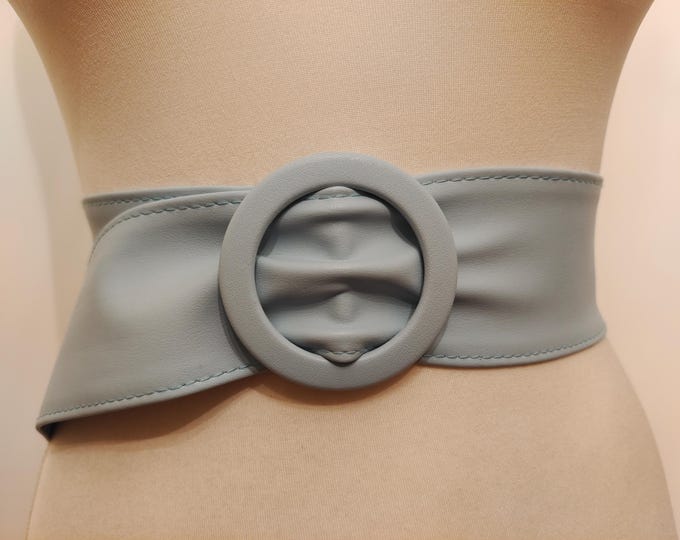 Wide Blue Faux Leather Adjustable Belt With Ring Buckle