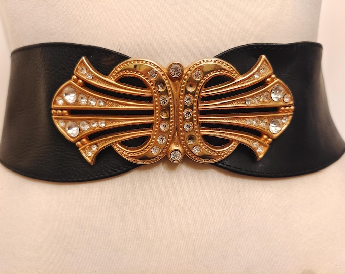 Wide Black Vintage 80's Real Leather Belt With Golden Gems Buckle